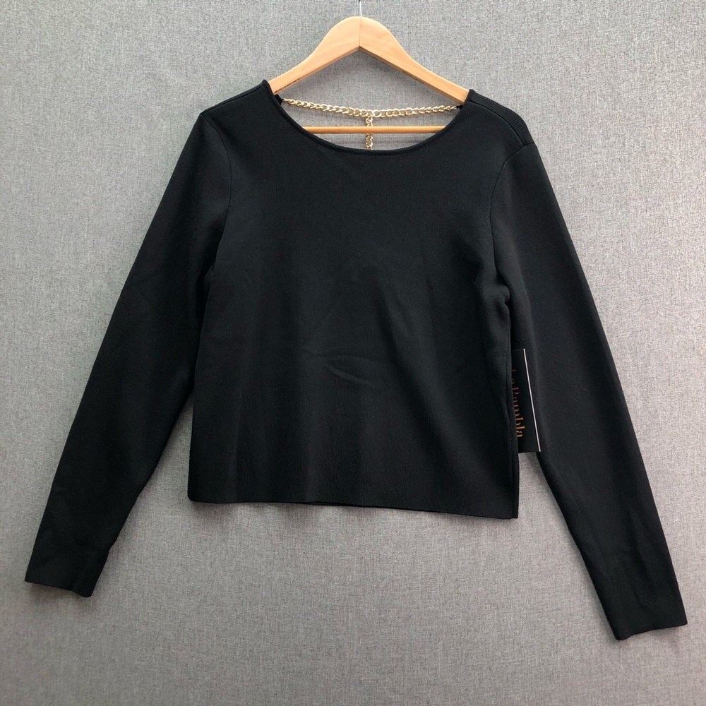 La Rambla Stretch Blouse with Goldtone Chain Back Details Size XL